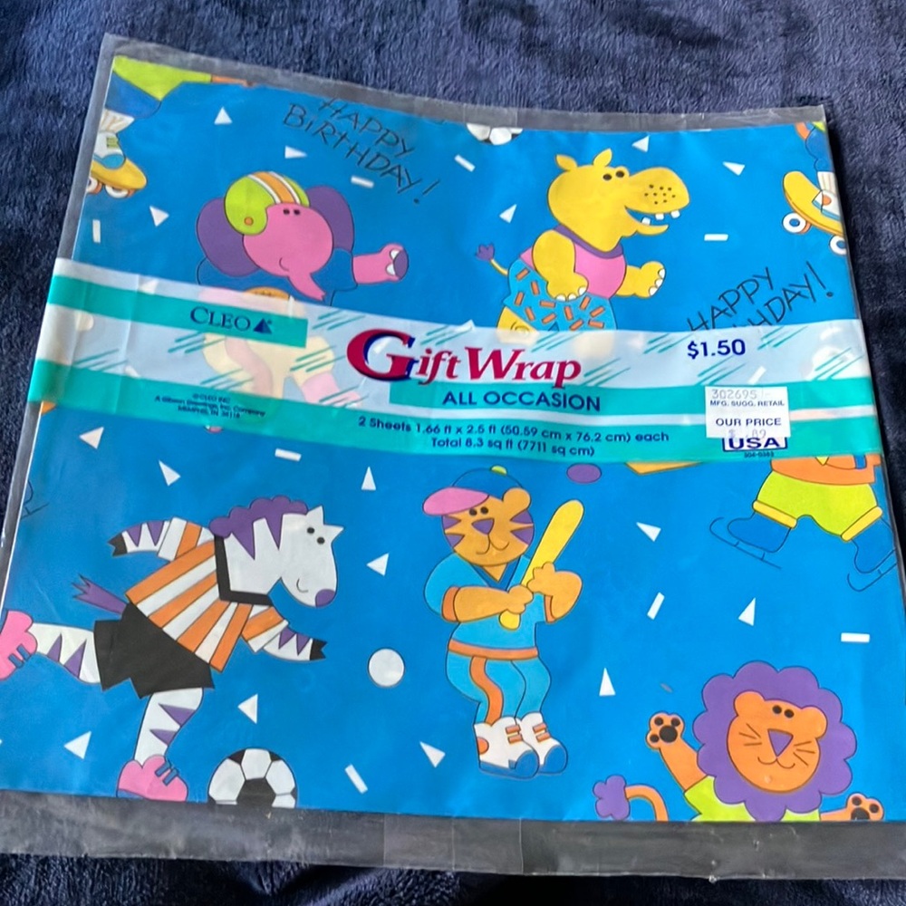 Vintage Cleo Blue Gift Wrap with Animal Sports Theme -Sealed New Old‎ Stock